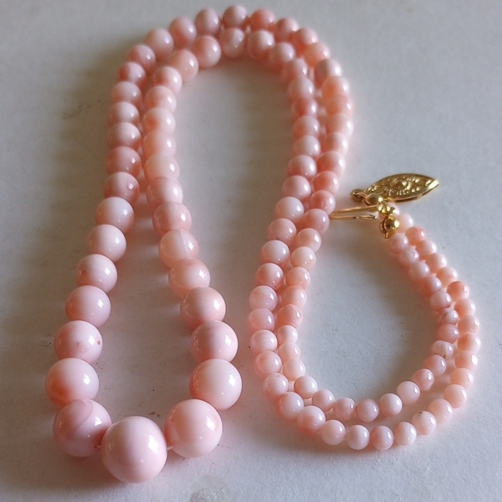 LUCORAL BABY PINK ANGEL SKIN CORAL  NECKLACE 24" LONG  SIGNED - Picture 2 of 7